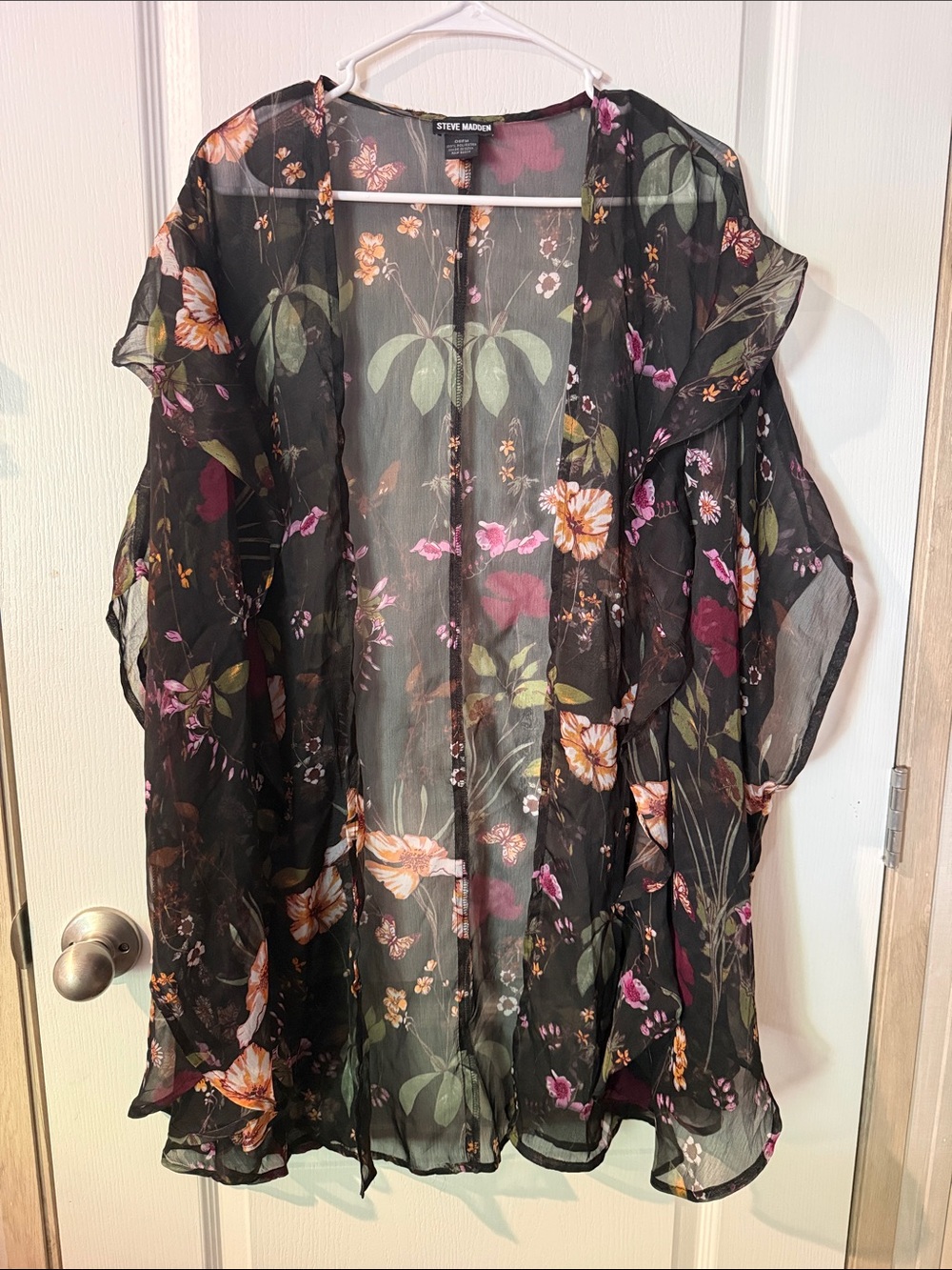 Steve Madden Black Floral Sheer Duster